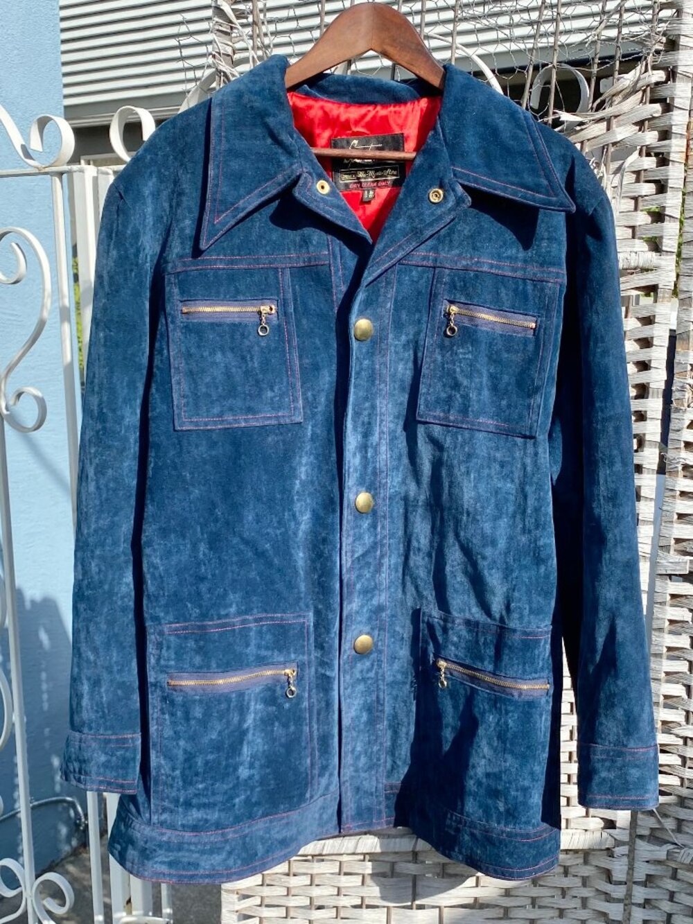 1970s Sears The Men's Store Sportswear Blue Suede Velour Safari Chore Jacket 46 - Picture 2 of 13